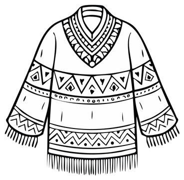 Black and white poncho illustration with geometric patterns and tassels for coloring books and apparel