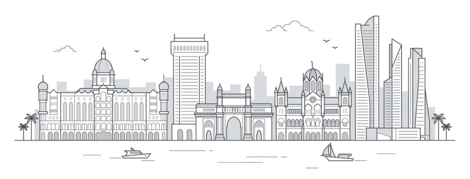 Mumbai skyline outline vector illustration. Linear cityscape with Gateway of India, Taj Mahal Palace and CST. Minimalist city architecture, famous Indian landmarks travel concept.