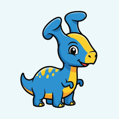 Fototapeta premium Adorable blue and yellow cartoon Parasaurolophus dinosaur with big ears, standing playfully on a light blue background, perfect for children's books and educational materials.