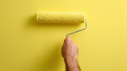 Obraz premium Person painting a bright yellow wall with a roller for home renovation.
