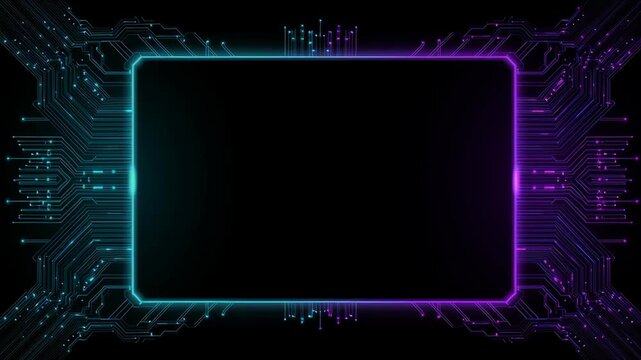 Digital icon neon communication information integration circuit board background computer processing abstract tech technology artificial intelligence modern video purple glowing frame