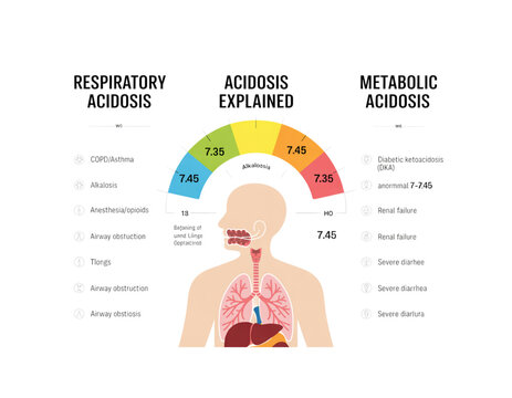 A medical illustration explaining acidosis with a human body and pH levels on transparent background