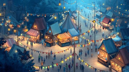 Obraz premium Lively Cartoon Scene of Harvest Festival with Colorful String Lights and Stalls