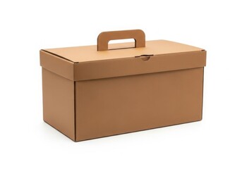 Cardboard gift box with handle for carrying, modern brown packaging for gifts and goods, studio shot