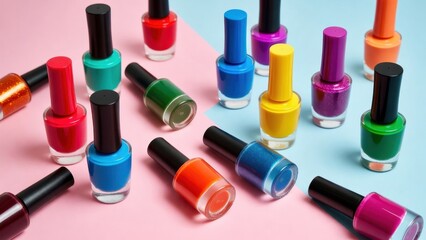 Obraz premium Vivid assortment of colorful nail polish bottles on pastel backgrounds.