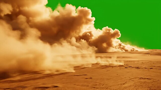Side view of a rolling sandstorm over desert dunes on green screen