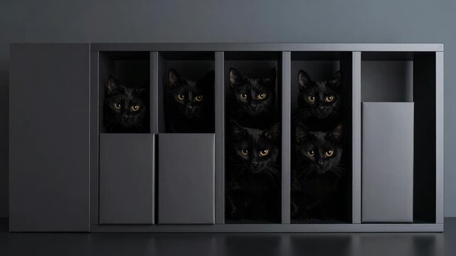 Six black cats with yellow eyes peek from grey cubbies in a modern shelf