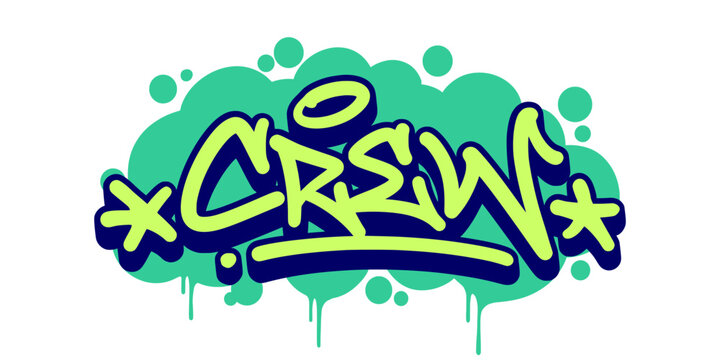 Crew Word Graffiti Tag Illustration in Creative Bubble Style with Green Drip for Urban Basketball Team Branding.