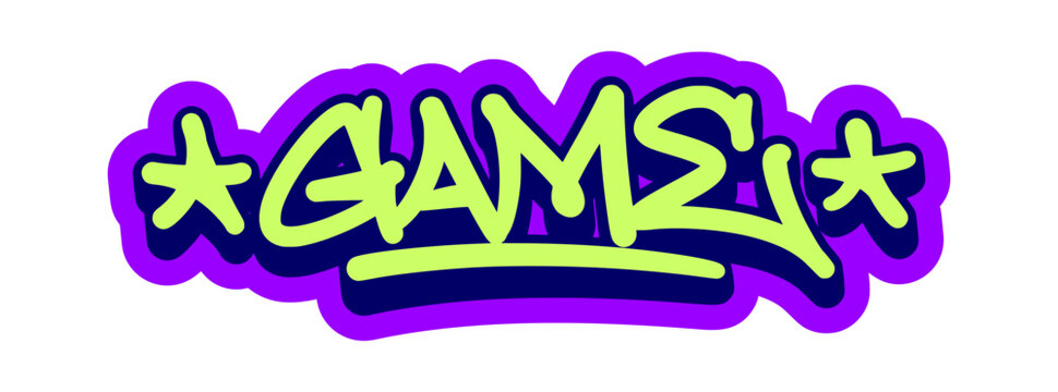 Game Word Illustration in Vibrant Purple Graffiti Tag Style for Modern Basketball Graphics and Sportswear Design.