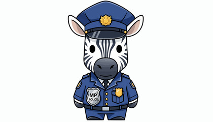 Fototapeta premium Charming cartoon zebra character depicted in a complete police officer uniform, including a blue cap, shirt, tie, and badge, standing professionally for a friendly and engaging illustration