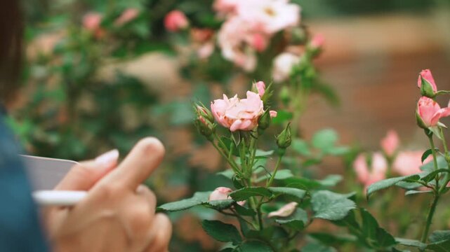Over-the-shoulder shot, Close-up of a woman's hand using a stylus pen to touch a beautiful pink fairy rose in a garden, creative hobby and nature inspiration