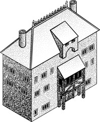 Fototapeta premium A medieval building map icon isometric illustration in a vintage retro engraved woodcut dots etching style