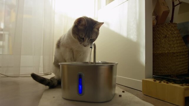 Cat Drinking Water From Indoor Fountain