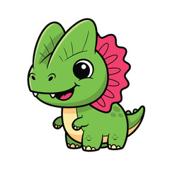 Fototapeta premium Adorable cartoon Dilophosaurus, a charming baby dinosaur with big expressive eyes and a vibrant pink frill, rendered in a cute, playful, and graphic style for children's media.
