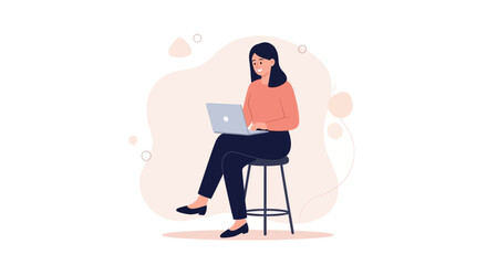 Fototapeta premium Young woman working on laptop computer while sitting on stool, flat design illustration