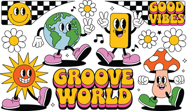 Cartoon characters good vibes groove smiling characters earth