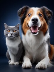 Fototapeta premium Glücklicher Border Collie und Tabby-Katze zusammen vor blauem Hintergrund – Haustiere