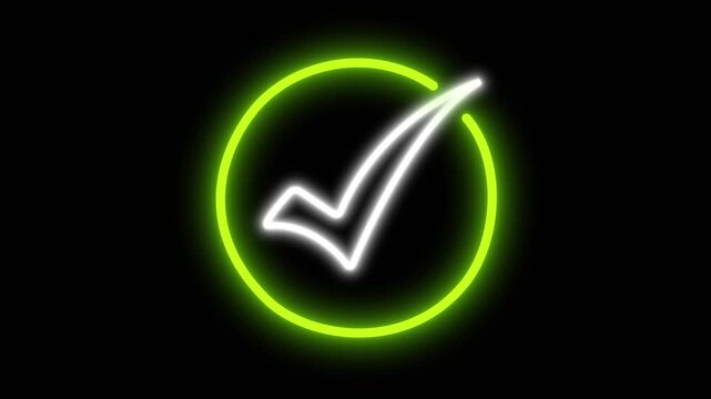 White Neon Check Mark Inside a Green Neon Circle on Black Background tick