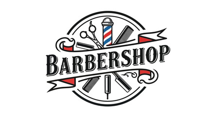 Obraz premium Vintage Barbershop Logo with Classic Barber Pole and Tools.