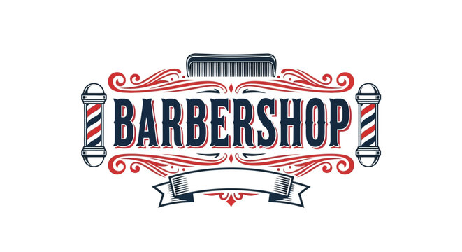 Vintage Barbershop Sign with Classic Barber Poles and Ornate Details.