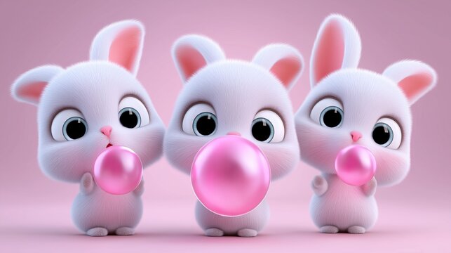 Drei niedliche rosa Osterhasen mit Kaugummiblasen auf rosa Hintergrund