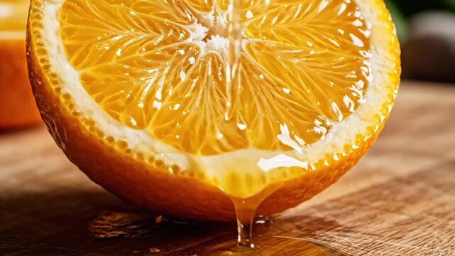 Close-up of fresh orange half with juice pouring onto segments