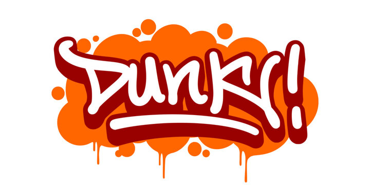 Dunk Word Graffiti Tag with Bold Bubble Effect and Orange Drip for Creative Urban Basketball Branding.