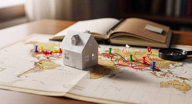Miniature House on World Map with Pins and String Global Travel Planning Concept