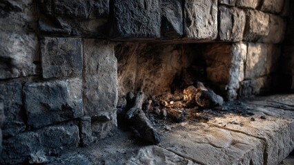 Fototapeta premium Rustic Stone Fireplace Hearth with Glowing Embers and Ash