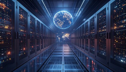 Fototapeta premium Data Center Server Room with Global Network.