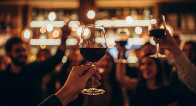 POV Person holding red wine glass in crowded social bar