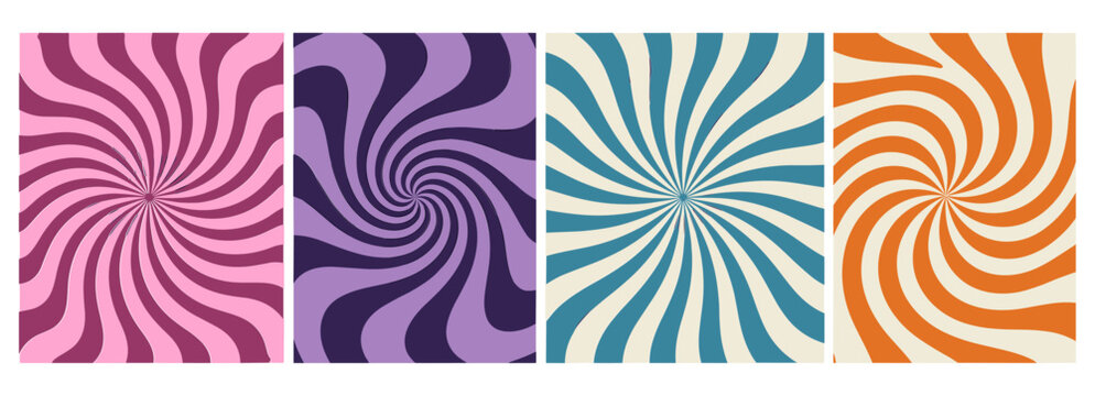 Swirl Retro Groovy Pattern. Psychedelic Wavy Vector Background. Abstract Funky Spiral and Radial Sun Burst Bg Set.