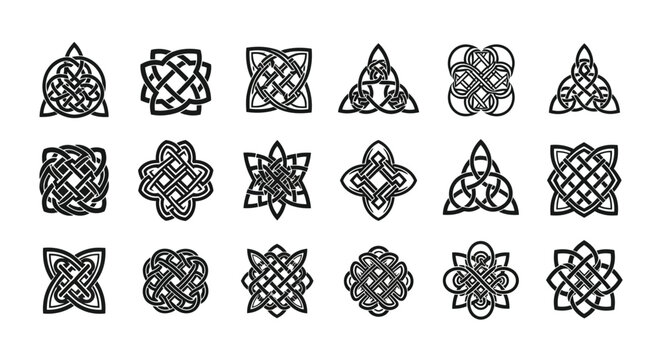 Collection of 20 intricate black and white celtic knotwork designs arranged in three rows on a plain white background