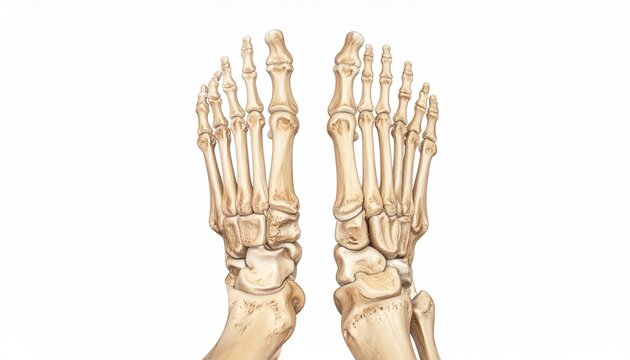Detailed anatomical illustration of human foot skeletal system, showcasing intricate bone structure for medical education