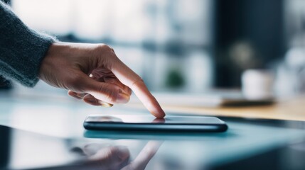 Fototapeta premium The smartphone being tapped by a hand on a reflective desk in a modern office