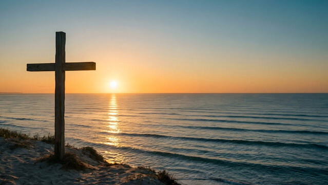 Wooden Cross Over Ocean at Peaceful Easter Sunrise