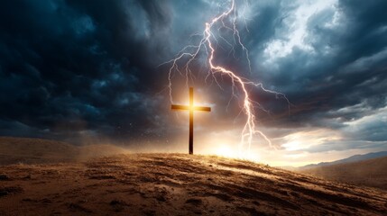 Fototapeta premium Shining Cross on a Desolate Hillside Under Dark Stormy Skies