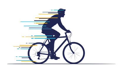 Obraz premium Dynamic silhouette of a male cyclist riding a bicycle at high speed, with motion lines indicating rapid movement, symbolizing sport and quick travel.