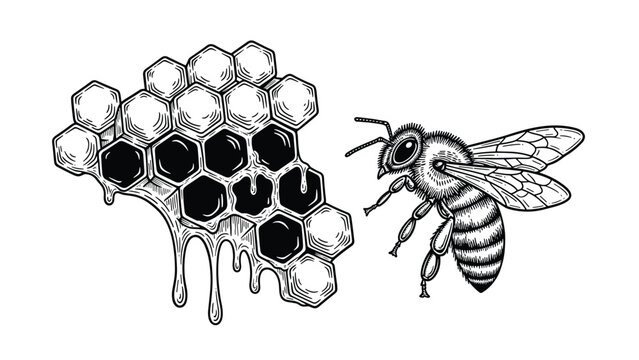 Detailed vintage engraving of a honeybee flying next to a dripping honeycomb, illustrating nature's sweetness, bees, and natural products.