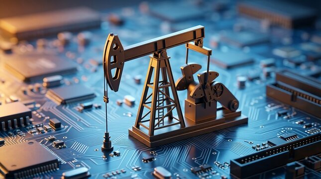 Mini Oil Rig Pump jack on Computer Circuit Board &ndash; Fossil Fuel Meets Digital Technology and Clean Energy Concept.