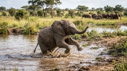 Fototapeta premium Playful Baby Elephant Bathing in Water at Savannah Oasis on a Bright and Sunny Day