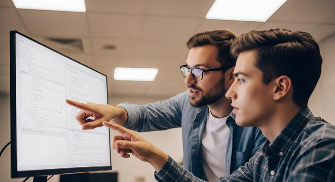 Two young programmers collaborating on coding project analyzing code on computer screen in office teamwork and software development