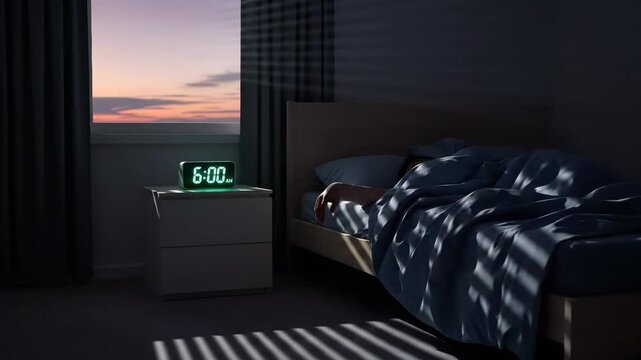 Alarm clock at bedside table in bedroom at sunrise