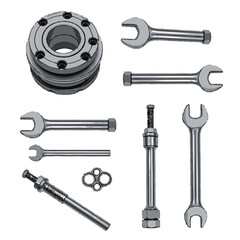 Obraz premium Comprehensive collection of essential industrial wrenches, diverse mechanical components, and hardware for manufacturing and maintenance applications, isolated on a clean white background