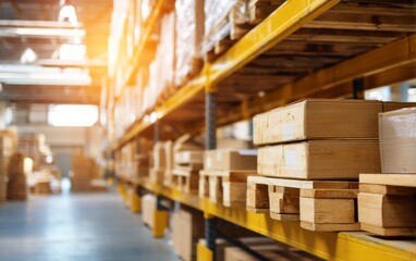 Obraz premium Bright Midday Sun Illuminates Goods in Warehouse Aisle Under Natural Light