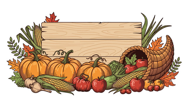 Abundant Thanksgiving cornucopia harvest frame with pumpkins, corn, apples, and autumn leaves around a wooden sign.