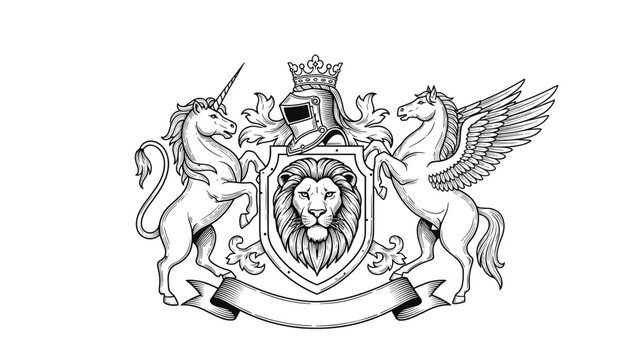 Elaborate vintage heraldic coat of arms featuring a lion, unicorn, Pegasus, crown, and shield, with a blank banner.