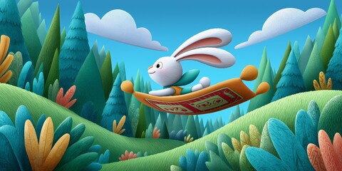 Weißer Hase auf fliegendem Teppich über grünem Grasfeld