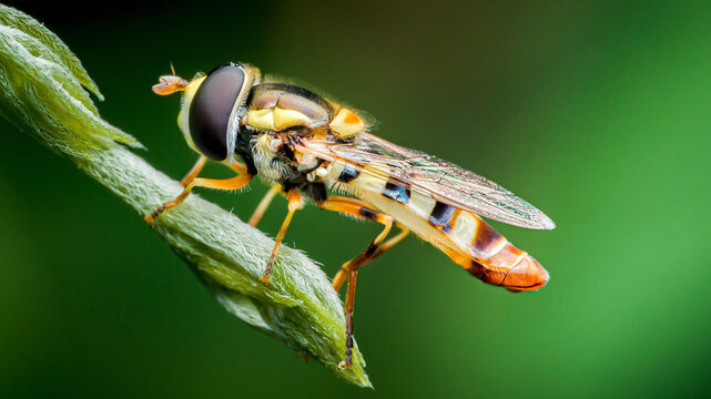 Hoverfly insect resting on green plant stem