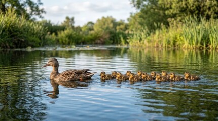 Mother Duck Swimming with Her Cute Ducklings in a Serene Pond Surrounded by Lush Greenery